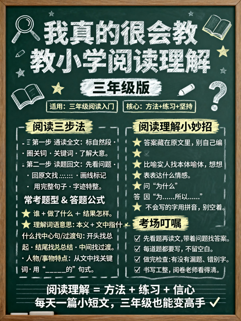 A4竖版学习海报，黑板风格，深墨绿色背景，白色和淡黄色粉笔字，手绘粉笔装饰：放大镜、书本、星星、问号、粉笔边框，版面用粉笔线分区。主标题大号粉笔字"我真的很会教小学阅读理解"，副标题"三年级版"。下方预览效果