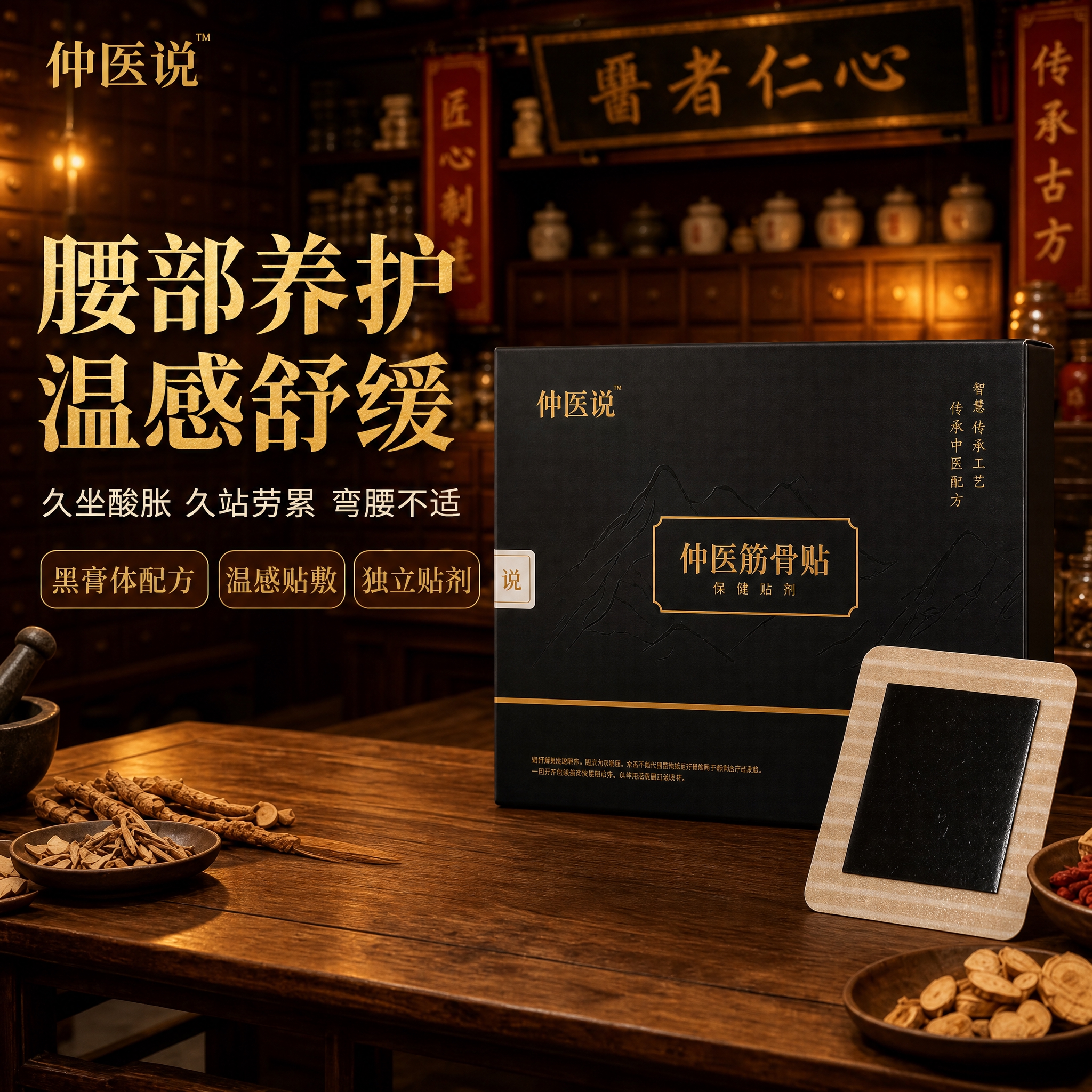 淘宝电商主图首图，1:1比例，仲医筋骨贴保健贴剂产品主图。画面… - 图片创意预览