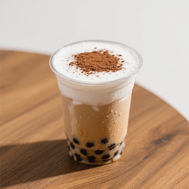 一杯珍珠奶茶，杯身透明，里面装满了奶茶，顶部有厚厚的奶盖，撒着棕色的可可粉，杯壁上有一些水珠，放在木质桌面上，背景是简约的白色预览效果