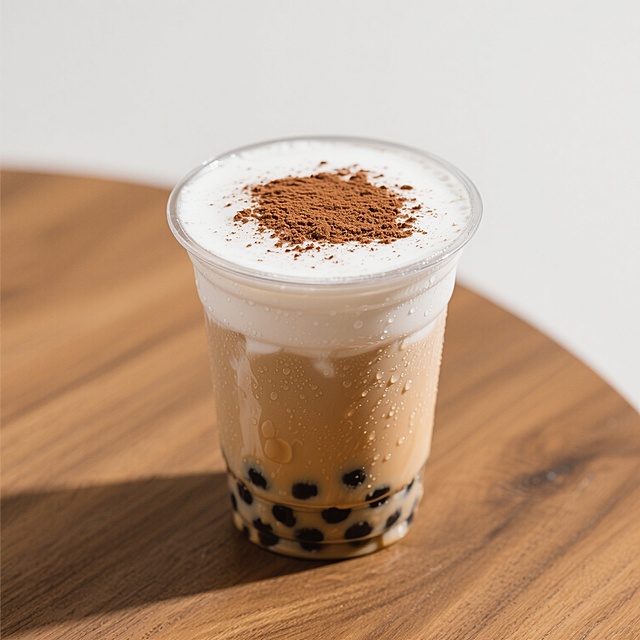 简约主义风格，清新爽口的奶茶，泡沫细腻，撒上可可粉，尽显夏日清爽感。