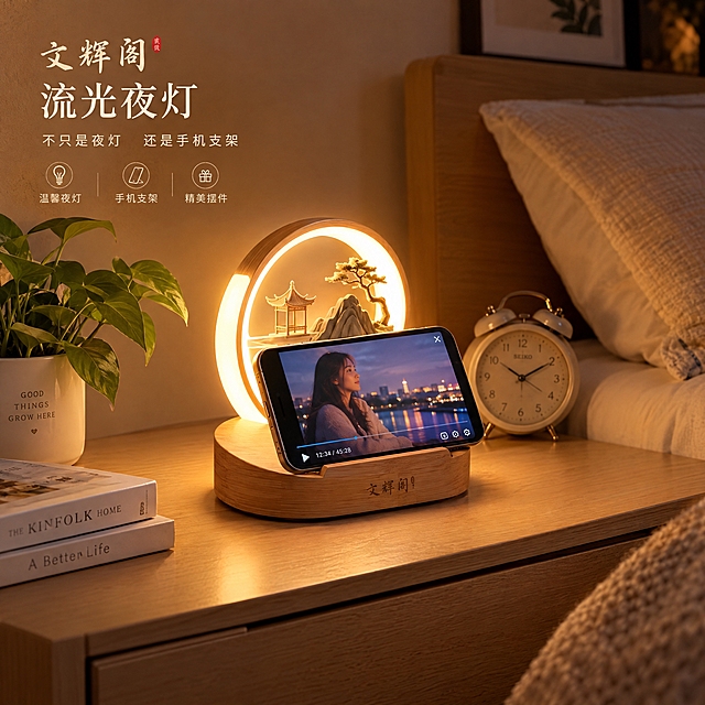 产品场景效果图，文辉阁流光夜灯兼做手机支架的使用场景，现代简约床头柜上，夜灯点亮发出暖光，手机斜靠在夜灯底座的隐藏支架上播放视频，旁边有绿植和闹钟，温馨的卧室夜晚氛围，暖色调，展示产品的多功能性——既是夜灯摆件又是手机支架，生活化场景，舒适惬意，产品摄影风格，高清细腻