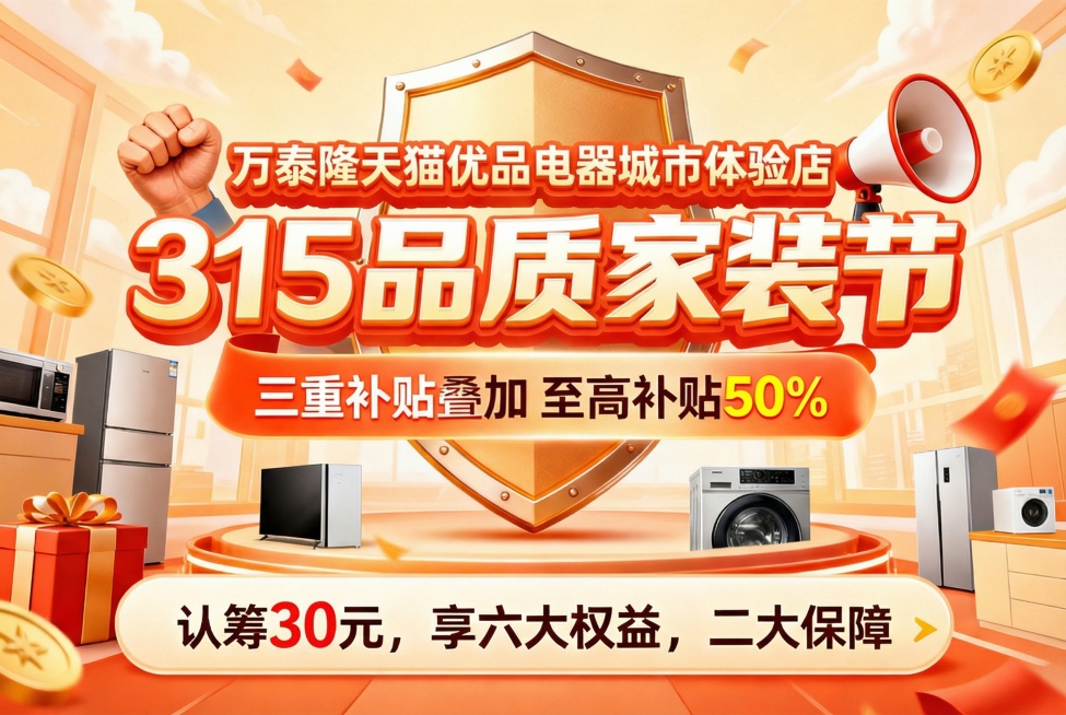 将海报主标题替换为第一行“万泰隆天猫优品电器城市体验店”，第二行“315品质家装节”，副标题替换为“三重补贴叠加  最高补贴50%”，保持原海报的视觉风格、元素布局和暖色调促销氛围预览效果