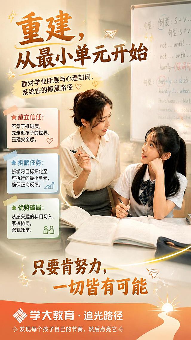 在这张老师辅导学生学习的图片基础上，添加海报文字内容：大标题“重建，从最小单元开始”，副标题“面对学业断层与心理封闭，系统性的修复路径”，小标题“建立信任”：不急于推进度，先走近孩子的世界，重建安全感。小标题“拆解任务”：将学习目标细化至可执行的最小单元，确保正向反馈。小标题“优势破局”：从感兴趣的科目切入，家校协同，双轨托举。标题“只要肯努力，一切皆有可能”，标题“学大教育 · 追光路径”， slogan“发现每个孩子自己的节奏，然后点亮它”。保持画面温暖明亮，高端大气，排版布局合理，画面灵动有生气，除标题外内容文字不要太小。