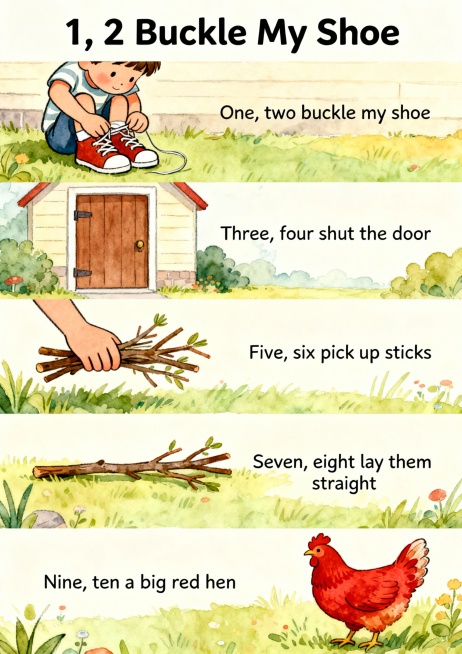 整体再来一张
题目1, 2 Buckle My Shoe
1, 2 buckle my shoe.
3, 4 shut the door.
5, 6 pick up sticks.
7, 8 lay预览效果
