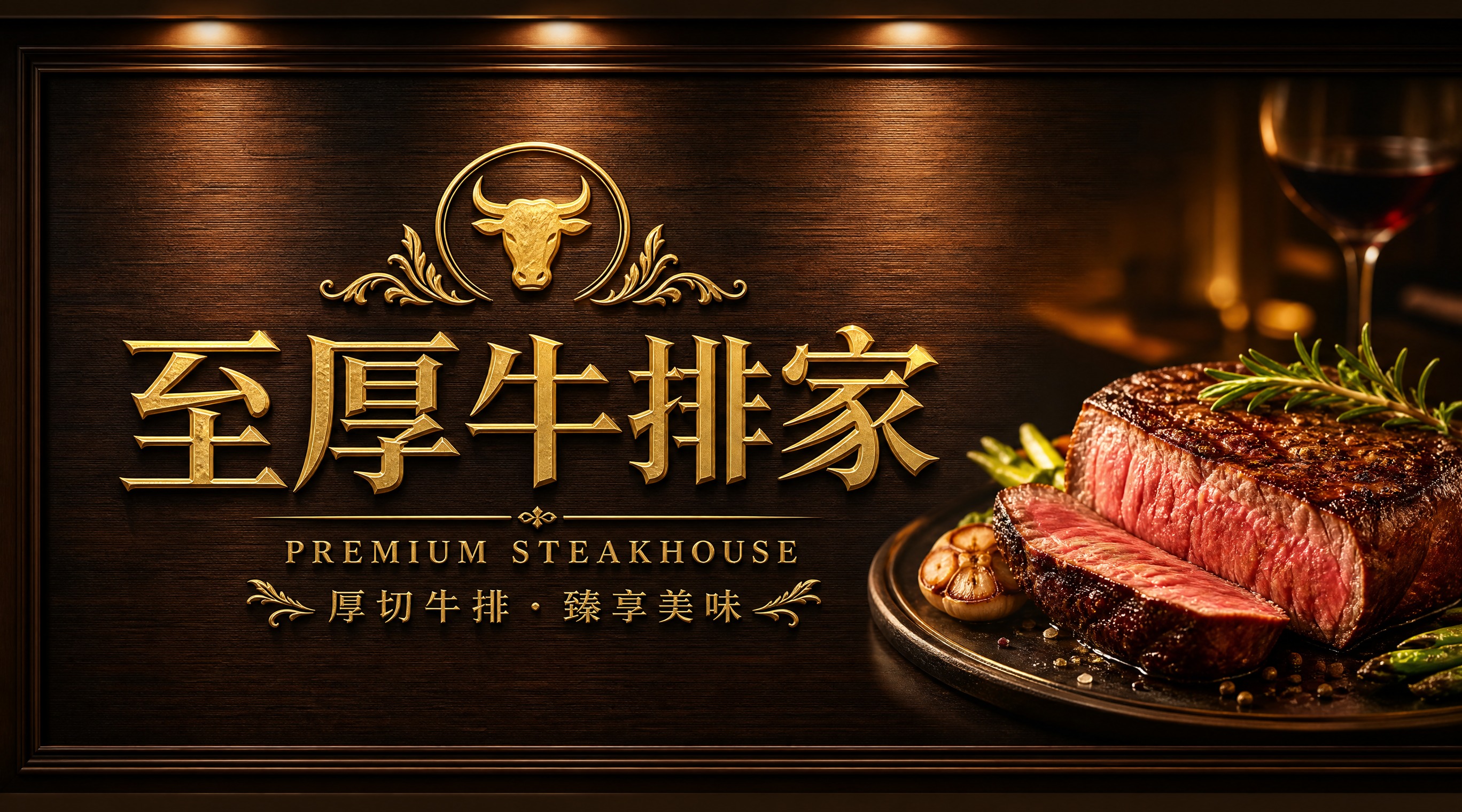 高端牛排餐厅店招设计，店名"至厚牛排家"，厚切牛排美食图案，深… - 图片创意预览