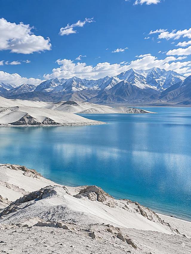 白沙湖高清实拍风景图，白色沙丘环绕碧蓝湖水，高原湖泊，雪山背景，蓝天白云，真实摄影质感，纪实质感，3:4竖版构图