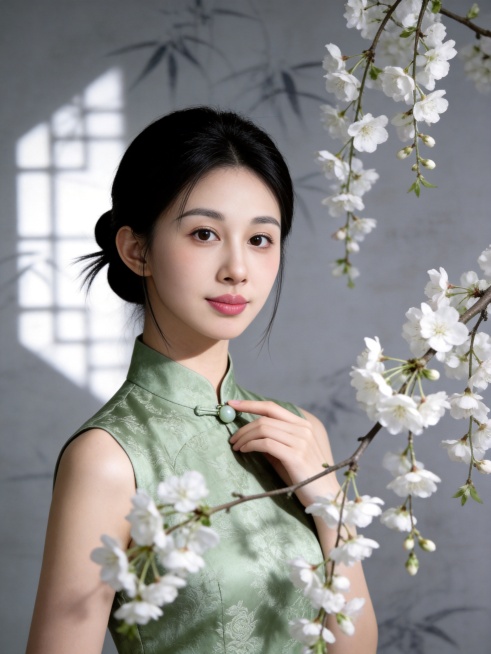 参考图保留人物脸型､发型､年龄特征,生成宋韵“海棠春”主题清冷温婉风写真,以文人画意境为内核,融合传统宋锦旗袍与垂丝海棠元素,传递东方雅致娴静的美学氛围; 人物主体(保留参考图年龄脸型),中式偏分低盘预览效果