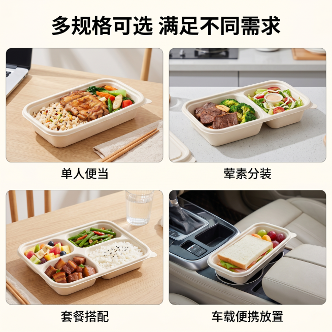 [主图 4] 玉米餐盒多规格多场景展示图。[氛围风格] 实用生活化氛围，贴近日常使用场景。[画质] 商业摄影质感、光线柔和通透、产品清晰真实、画面干净高级。[元素] 宫格布局展示四款不同分格的玉米餐盒预览效果