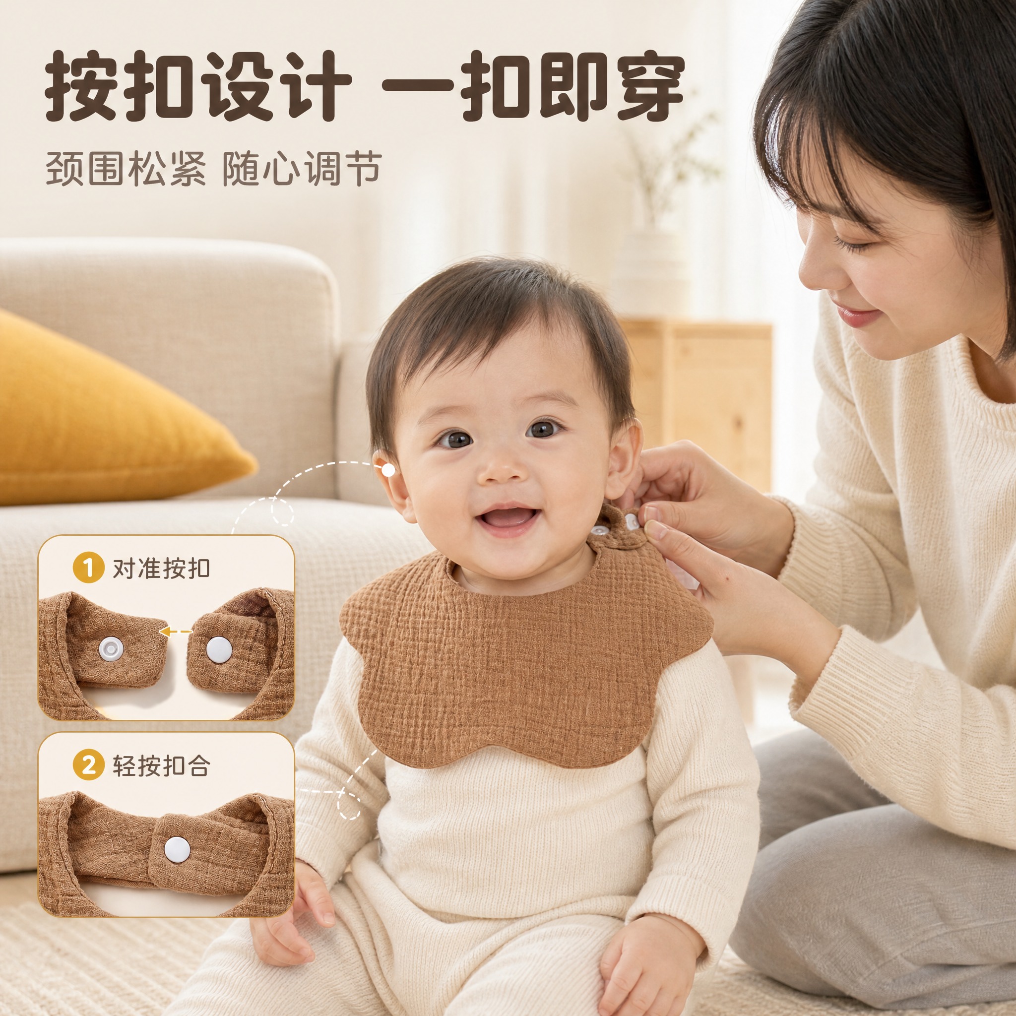 [主图-3] 婴儿纯棉皱褶纱布围嘴 焦糖棕 亲子穿戴场景图。统… - 图片创意预览