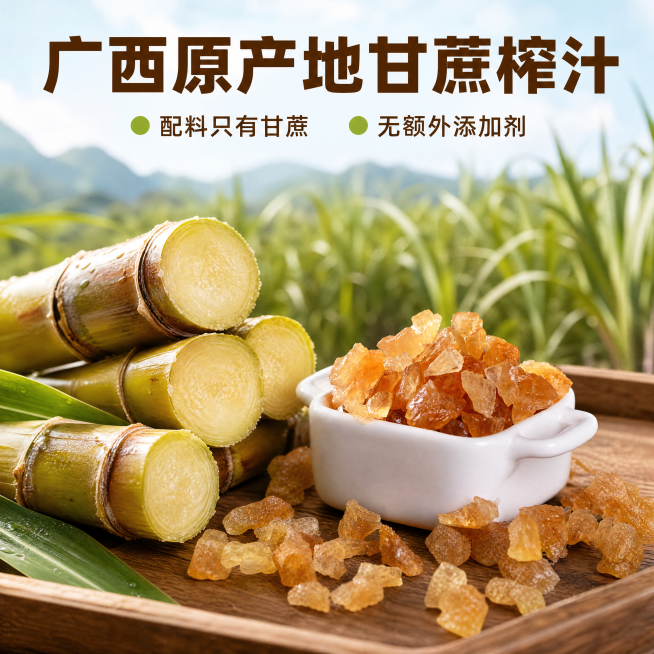 [主图-2]绿帝黄冰糖核心原料卖点展示。[氛围风格]真实溯源，突出天然优质属性；[画质]商业摄影质感、光线柔和通透、产品清晰真实、画面干净高级。[元素]左侧展示广西新鲜甘蔗切段，右侧盛放输入图中的黄冰预览效果