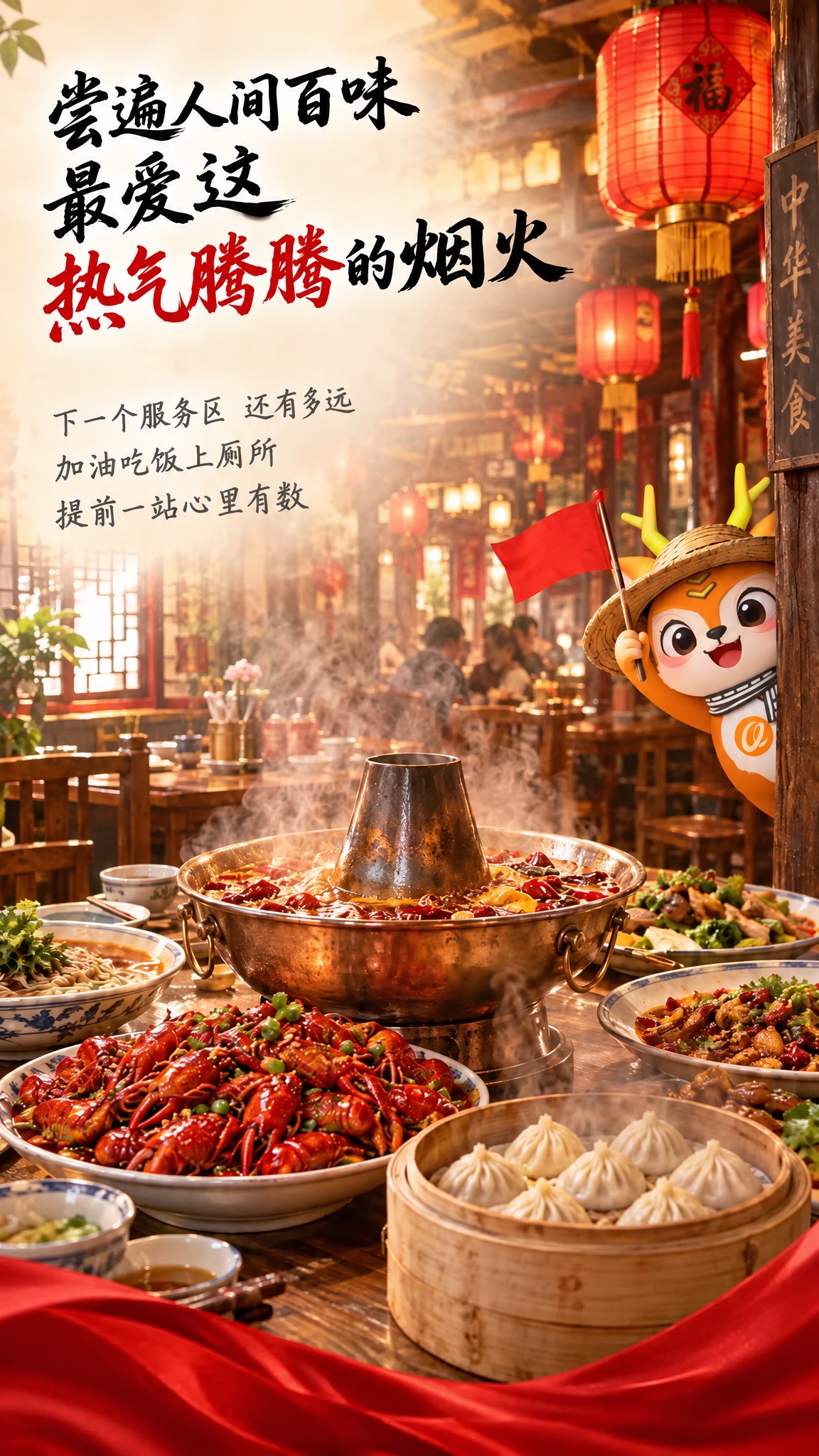 将这张餐馆海报中的白色卡通小人替换为橘色小鹿IP形象（参考橘色… - 图片创意预览