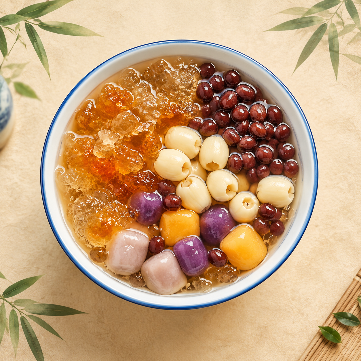 一碗精致的中式糖水甜品——桃胶莲子芋圆红豆，琥珀色晶莹桃胶、乳… - 图片创意预览