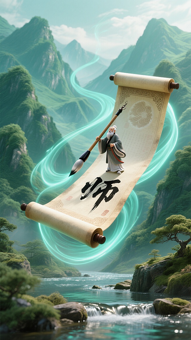 磅礴青绿的山脉间：一个以动态感强的巨型且精致的卷轴展开漂浮在空中，一个微缩老夫子（站在卷轴上）拿着巨型毛笔写“师”，动态的流光线条延伸至空中；金属质感的河水流经群山。整体青绿色调、明亮氛围。