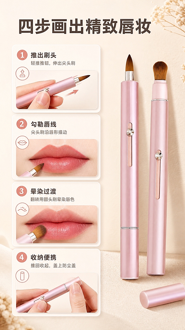 [商品] 使用【图4】淡粉色款双头伸缩唇刷；保留双头结构、金属笔杆、伸缩推钮、淡粉色质感，不改变结构比例和颜色。
[画面] 页面目标：使用步骤演示。竖版9:16纵向四步构图，从上到下依次展示：①推出刷头（手指推推钮伸出尖头刷）②勾勒唇线（尖头刷沿唇形描边）③换头晕染（翻转用圆头刷晕染唇色）④收回收纳（推回收起 盖上防尘盖）。每步配数字编号和小图，右侧放完整产品大图。背景为暖米色干净台面。
[视觉] 套系策略：风格=高级美妆商业摄影，温柔精致ins风；标题字=现代无衬线粗体（圆润优雅）；正文字=简洁无衬线体；主色=淡粉+暖米杏；背景延展=暖米杏/奶茶色渐变、细腻肌理墙面、同色系深浅层次；强调色=玫瑰金，仅用于小面积图标、引线、标签；标题色=深棕灰；正文色=中暖灰；组件=圆角浅底信息卡、细线引线、圆形icon；光影=左前侧暖柔光，柔和阴影，通透质感。
[文字] 顶部主标题"四步画出精致唇妆"，四步分别标注：①推出刷头 ②勾勒唇线 ③晕染过渡 ④收纳便携。每步文字简短清晰，手机端可读。
[规格] 图片比例9:16竖版，4K，避免变形、错字、文字过小、冷蓝背景、颜色改变、结构失真、绝对化用语。