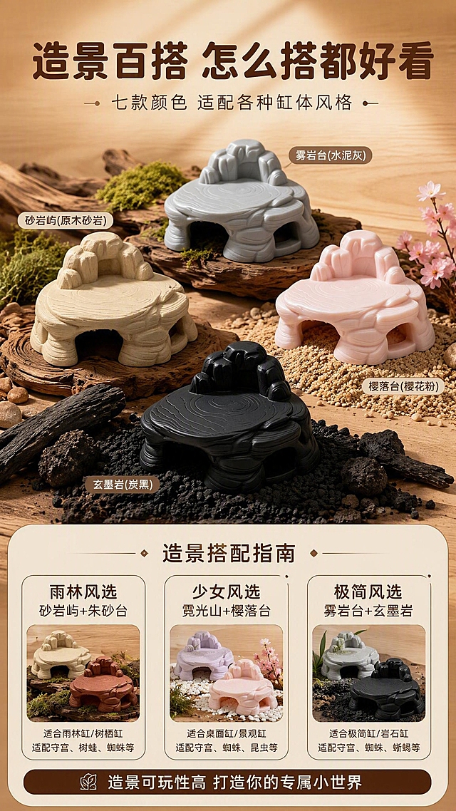 [第12张] 造景搭配灵感-多款式多层爬虫造景躲避晒台 组合展示搭配页。本张使用【图6】【图1】【图4】【图3】四款产品组合展示。
[氛围/风格] 造景灵感合集 丰富多样 搭配指南 商业摄影质感
[元素布局] 画面上半部分展示四款不同颜色的躲避晒台错落摆放在一起的组合场景，分别是砂岩屿（原木砂岩）、樱落台（樱花粉）、雾岩台（水泥灰）、玄墨岩（炭黑），四款产品呈阶梯状排列，每款旁边有小型造景元素点缀（苔藓、枯木、沙粒、火山石），展示不同风格的搭配灵感。下半部分为造景搭配指南，包含三种风格的选色建议和搭配小贴士。背景为暖木色渐变，温暖有质感。保持各款产品外观与输入图一致。
[光影质感] 顶部暖调柔光，整体温暖明亮；产品错落排列有自然的前后阴影关系，空间感强；下半部分信息区光照均匀柔和。
[配色色系] 全局底色暖木棕到浅米色渐变；主色原木棕（主色调）；辅色粉、灰、黑（产品色）、苔藓绿；强调色深棕色（标题）。信息卡片为米白底深棕字，圆角样式。
[视角构图] 上半部分四款产品阶梯式排列，由近及远，空间感强；下半部分三个横向信息块排列；整体构图饱满，上产品下信息，阅读动线清晰。
[文字版式] 顶部主标题粗圆体深棕色大字："造景百搭 怎么搭都好看"；副标题浅棕色："七款颜色 适配各种缸体风格"。下半部分三个信息块标题分别为："雨林风选 砂岩屿+朱砂台"、"少女风选 霓光山+樱落台"、"极简风选 雾岩台+玄墨岩"。每个信息块下方有一行小字建议，说明适合的缸体风格和宠物。最底部一条通栏深棕条，白字："造景可玩性高 打造你的专属小世界"。
[比例分辨率] 9:16竖版比例，4K分辨率，文字清晰可辨，高清画质
[负向提示词] 变形 水印 文字错乱 文字过小 缺件错件 结构错误 颜色偏差 产品图模糊 背景杂乱