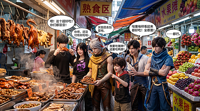 真实环境真人风格，16:9横版，重故事叙事，戏剧化。菜市场的熟食区和水果摊区域，挂着各种卤味熟食，旁边堆着五颜六色的水果，香气四溢，环境丰富热闹。六位年轻人站在熟食摊前，所有人视线都看向摊位上的美食：
1. 外向爱聊天的男生（参考图1外貌）已经拿起一块卤味尝了起来，气泡对话：“嗯！这个超好吃！你们都尝尝！”
2. 文静友善的女生（参考图2外貌）笑着摇摇头，气泡对话：“你呀，还没付钱就吃啦～”
3. 百里守约（参考图3外貌）在挑选卤菜，气泡对话：“买些回去加菜吧。”
4. 百里玄策（参考图4外貌）口水都快流出来了，气泡对话：“我要吃猪蹄！还要吃鸭脖！”
5. 王者荣耀曜（参考图5外貌）指着各种熟食兴奋不已，气泡对话：“哇塞每样看起来都好好吃！全都要！”
6. 王者荣耀澜（参考图6外貌）默默站在一旁，气泡对话：“……都行。”
画面充满烟火气，人物表情丰富生动，真实环境质感。