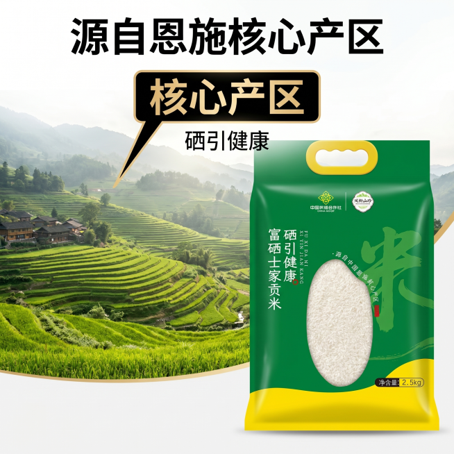 [主图 2] 恩施产地溯源核心亮点展示。
[氛围风格] 自然生态，真实可信，突出产地优势
[画质] 商业摄影质感、光线柔和通透、产品清晰真实、画面干净高级
[元素] 画面右侧是完整的富硒士家贡米包装袋预览效果