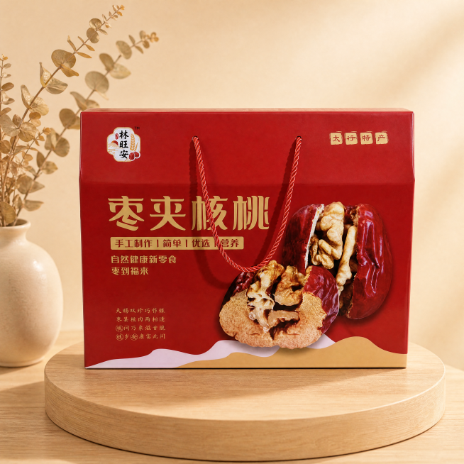 食品包装盒（枣夹核桃礼盒），严格参照上传产品图1，完整保留所有可见组件、部件、轮廓形状、结构、比例、材质质感、颜色与产品本体上的文字信息，与上传图完全一致。
室内简约桌面场景，暖米浅棕色调，保留参考图预览效果