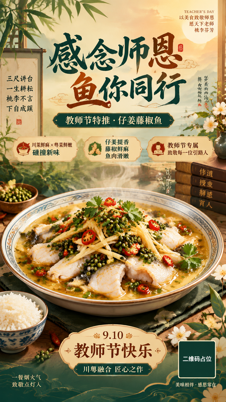教师节节日海报，国风新中式工笔风格，暖色调节日氛围，写实美食摄… - 图片创意预览