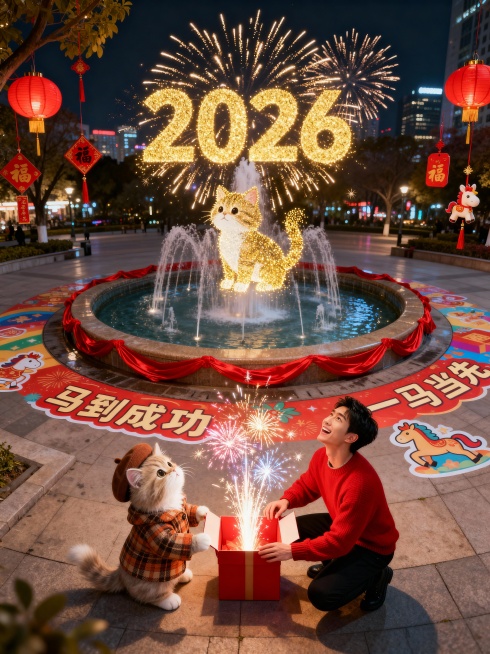 城市中央广场的音乐喷泉旁，喷泉池围红色绸带（，广场地面铺彩色元旦主题地贴（印 “马到成功”“一马当先” 等祝福语），周围树挂满红灯笼、福字挂饰和小马造型挂件，一个男生穿红色毛衣黑色裤子，正面笑容灿烂预览效果
