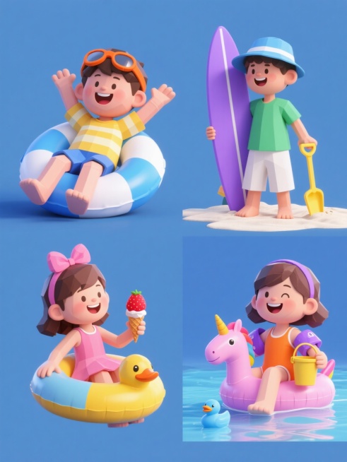 一系列4个不同内容的3D卡通风格儿童夏日活动插画，保持低多边形圆润造型、明亮柔和光影、高饱和度色彩和光滑材质质感，每个元素独立置于纯色背景上并规整排布；第一个画面：穿着黄色条纹上衣和蓝色短裤的男孩戴着橙色泳镜，躺在蓝白相间的游泳圈上开怀大笑，双手举起泳镜，双腿自然伸直；第二个画面：穿着粉色连衣裙的小女孩戴着粉色蝴蝶结发箍，坐在黄色充气鸭子游泳圈里，手里拿着一个红色草莓冰淇淋，面带微笑看向一侧；……预览效果