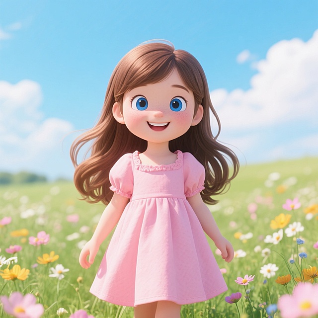 甜美卡通女孩，粉色裙装，软3D风格，清新花田背景，童趣盎然。