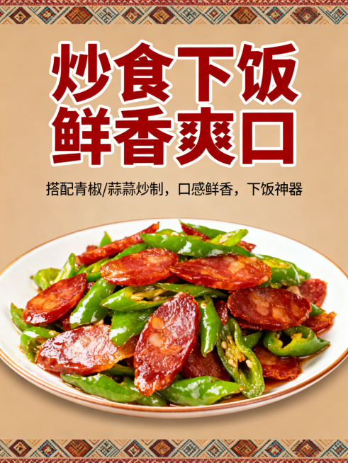 云南特色风格详情页，背景浅棕色民族纹样底，居中是青椒炒火腿实拍图，色泽红润有食欲，上方粗红字体标题"炒食下饭 鲜香爽口"，下方小字说明"搭配青椒/蒜薹炒制，口感鲜香，下饭神器"，单张单卖点，风格统一。预览效果