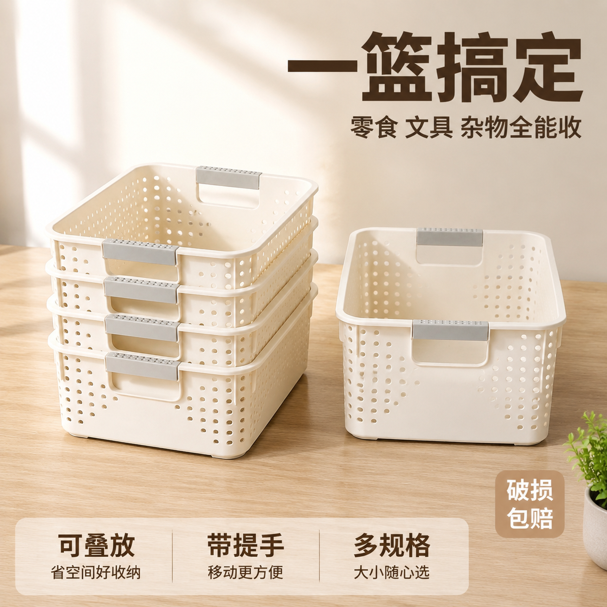 [主图-5] 收纳篮规格叠放与套餐展示图。 [氛围风格] 温暖… - 图片创意预览