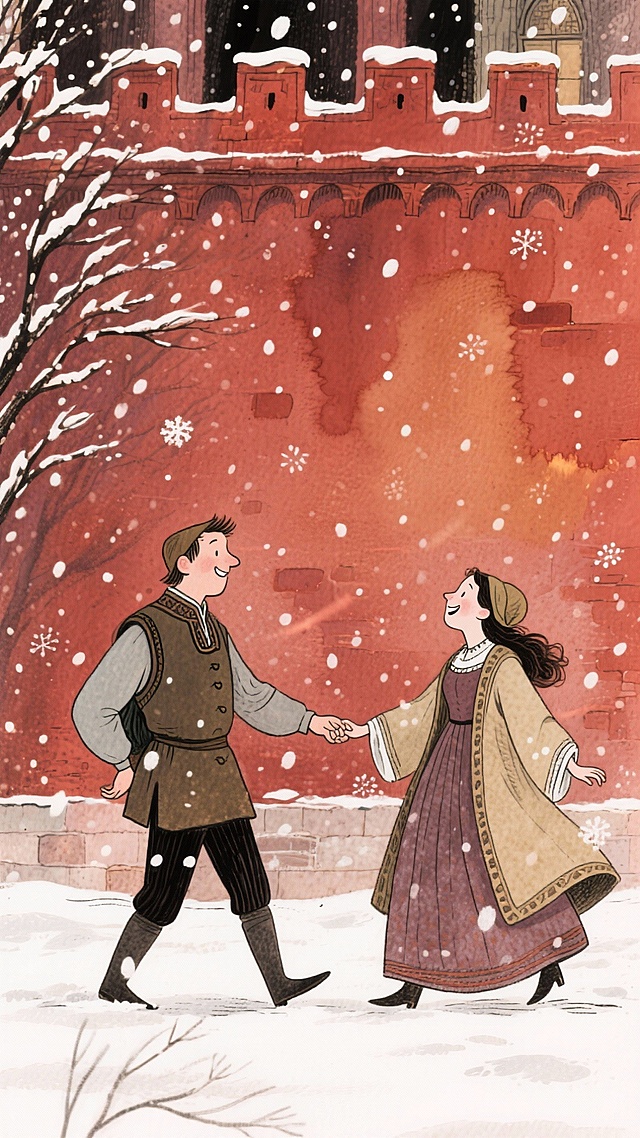 正面，远景，暗红色宫墙背景，人物身穿古代服饰，一个男子拉着一个女子嬉笑，暖色调浪漫感氛围，雪花飘舞