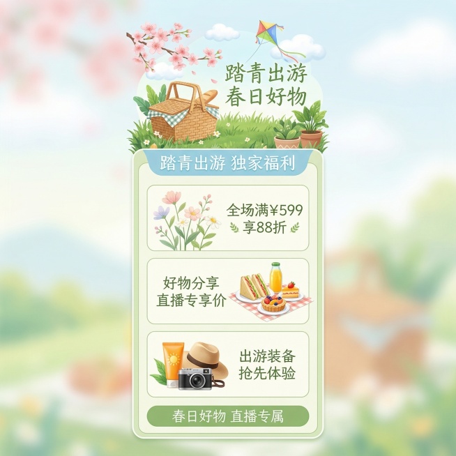 参考原图布局结构，将主题更换为踏青出游直播间悬浮弹窗，更换主体和文案，在文字旁边补充草地、樱花、云朵、风筝、野餐篮、绿植等春日元素，添加简约轻盈灵动手写体艺术字「踏青出游」「春日好物」，配色改为明亮通预览效果