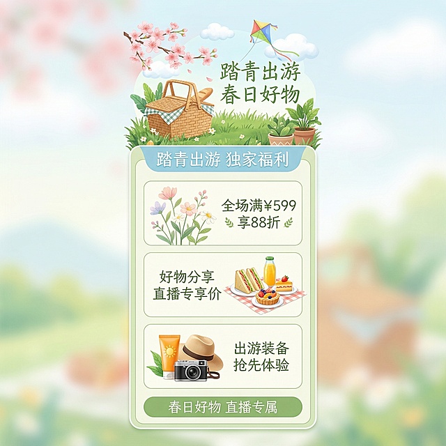 参考原图布局结构，将主题更换为踏青出游直播间悬浮弹窗，更换主体和文案，在文字旁边补充草地、樱花、云朵、风筝、野餐篮、绿植等春日元素，添加简约轻盈灵动手写体艺术字「踏青出游」「春日好物」，配色改为明亮通透的浅绿 + 淡蓝 + 米白，整体干净柔和清新治愈风格，布局简洁大气，留白充足，边缘做柔和圆角与细边框装饰，整体氛围感清新自然，适配出游季商品展示，视觉舒适不杂乱，突出春日轻松愉悦的出行氛围