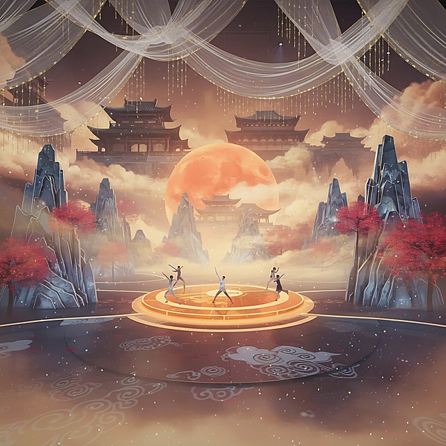 国潮风插画，融合中式建筑与梦幻光影，红月高悬，舞者于鎏金舞台翩跹，水墨云纹铺陈地面，粒子飘渺，营造唯美感与神圣氛围。