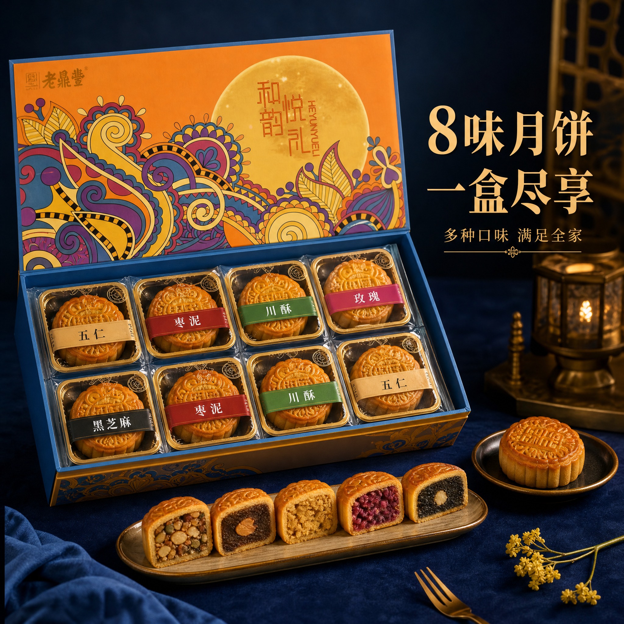 电商主图，老鼎丰和韵悦礼月饼礼盒第二张。展示礼盒打开状态，内部… - 图片创意预览