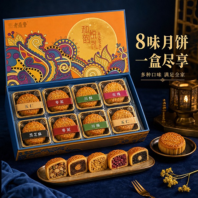 电商主图，老鼎丰和韵悦礼月饼礼盒第二张。展示礼盒打开状态，内部多口味月饼整齐排列（五仁、枣泥、川酥、玫瑰、黑芝麻等），每块月饼独立包装。背景为深蓝色丝绒桌面，旁边摆放切开的月饼展示馅料，暖金色灯光。右侧大字：8味月饼 一盒尽享，下方小字：多种口味 满足全家。突出礼盒内容丰富，多口味选择的优势。禁止出现正品保证、破碎包赔等字样。