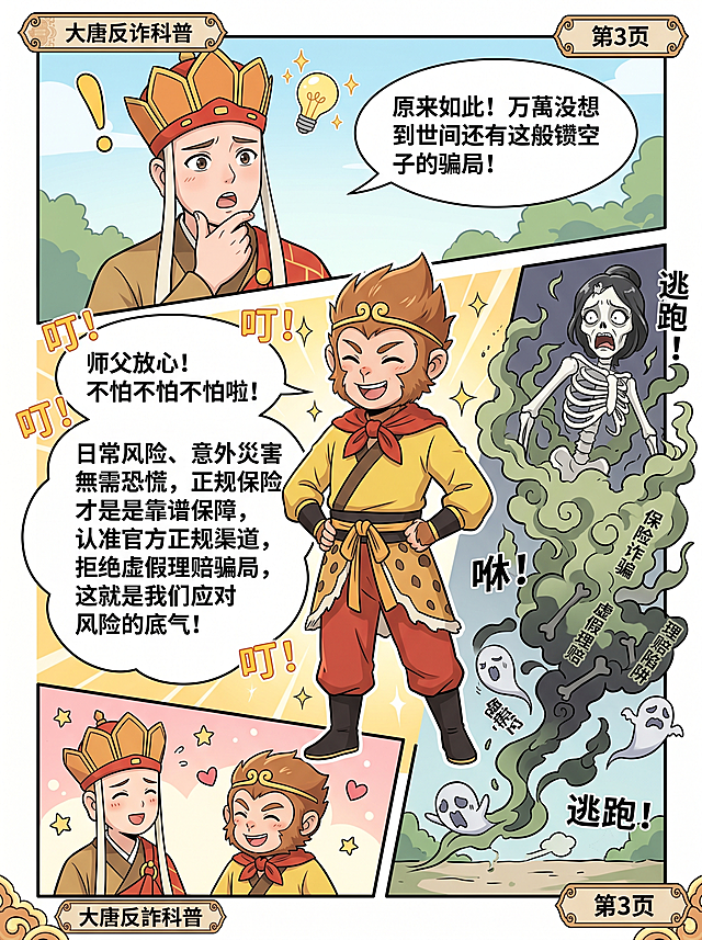 漫画第三页，风格轻松搞笑反诈科普，唐僧恍然大悟说："原来如此！万万没想到世间还有这般钻空子的骗局！"孙悟空叉腰轻快科普："师父放心！不怕不怕不怕啦！日常风险、意外灾害无需恐慌，正规保险才是靠谱保障，认准官方正规渠道，拒绝虚假理赔骗局，这就是我们应对风险的底气！"白骨精原形败露，化作青烟逃走，师徒相视一笑