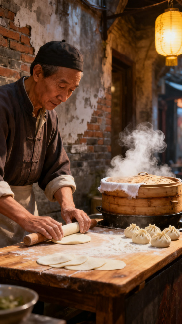 市井街上老师傅正在擀面制作小笼包，蒸笼里热气腾腾，渲染风格图片，充满生活烟火气，写实细腻预览效果