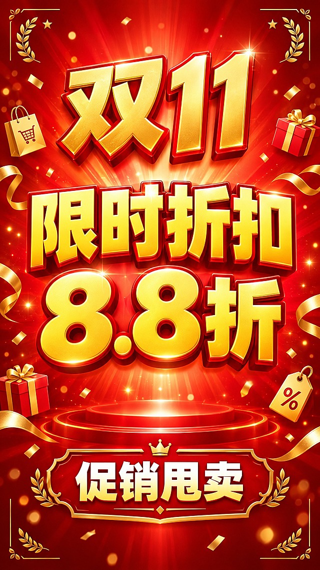 双11促销甩卖营销海报，主色调为鲜艳大红色，视觉冲击力强，商业设计风格，排版清晰简洁。画面中央突出显示"限时折扣8.8折"大字标题，上方有"双11"醒目字样，下方有"促销甩卖"主题文字。整体构图饱满，红色渐变背景搭配金色装饰元素，营造热烈促销氛围，适合社交媒体传播的竖版海报