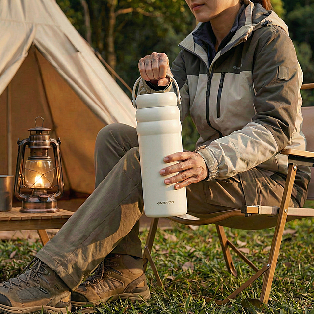 轻拟物风结合肌理风格-金属风，实景感与光影感交织，营造质朴温馨的露营氛围，现代感水壶凸显舒适清新，自然与设计和谐共生。