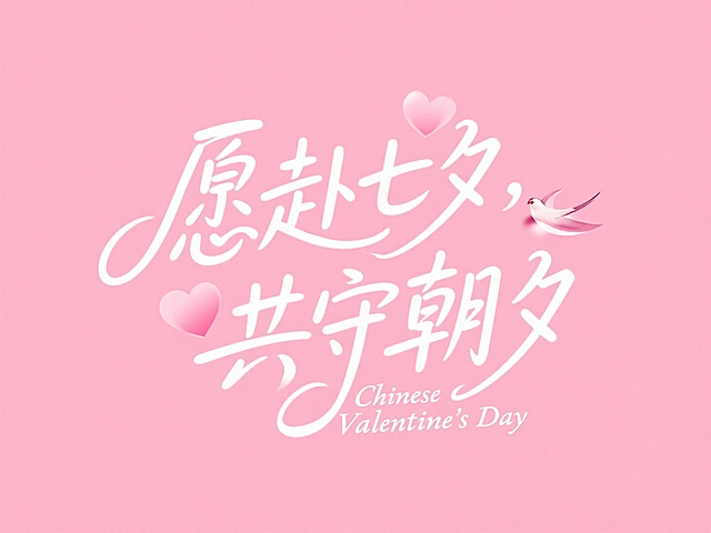 扁平风设计，粉色背景配以大字和心形，营造甜美浪漫的七夕节氛围。