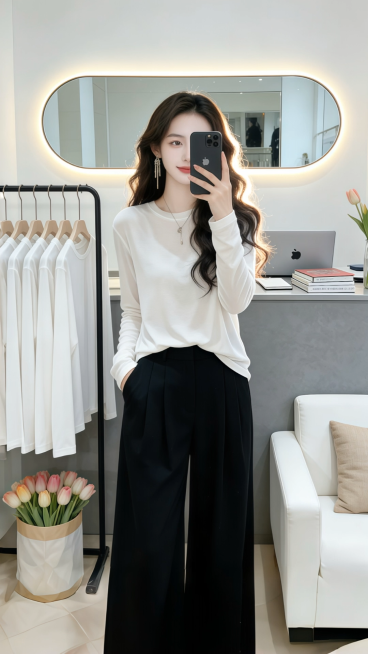 Model holds a phone in her left hand, poses directly at the camera with a soft, elegant smile, then预览效果