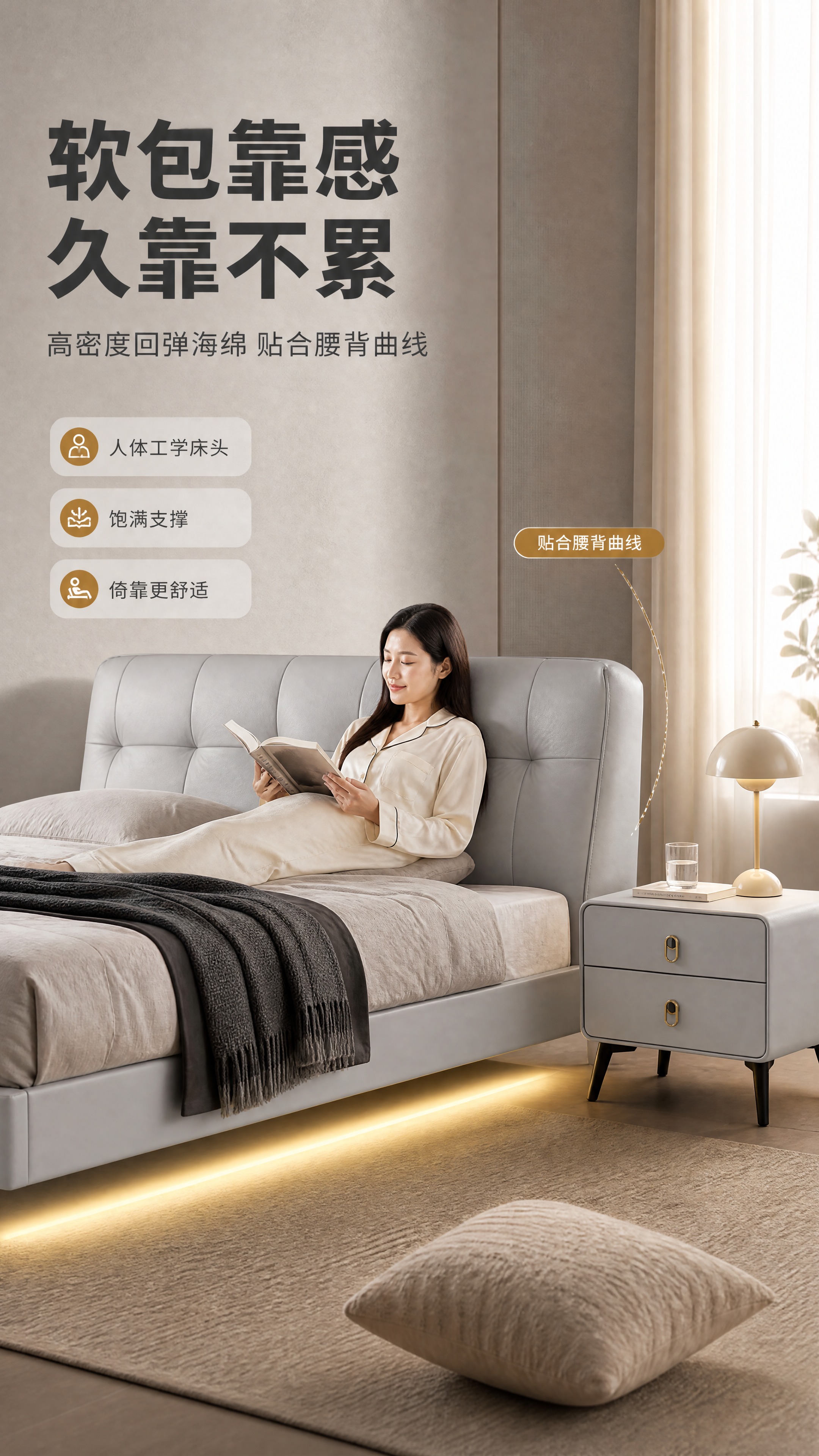 [商品] 使用【图1】浅灰色头层真皮悬浮床和【图2】同色系仿皮… - 图片创意预览