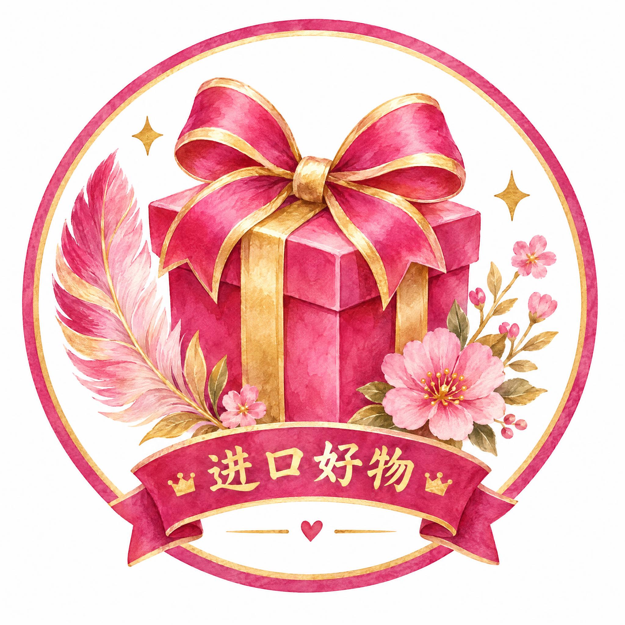 手绘风格圆形图标，主题为进口好物。画面中心是一个精美的礼品盒，… - 图片创意预览
