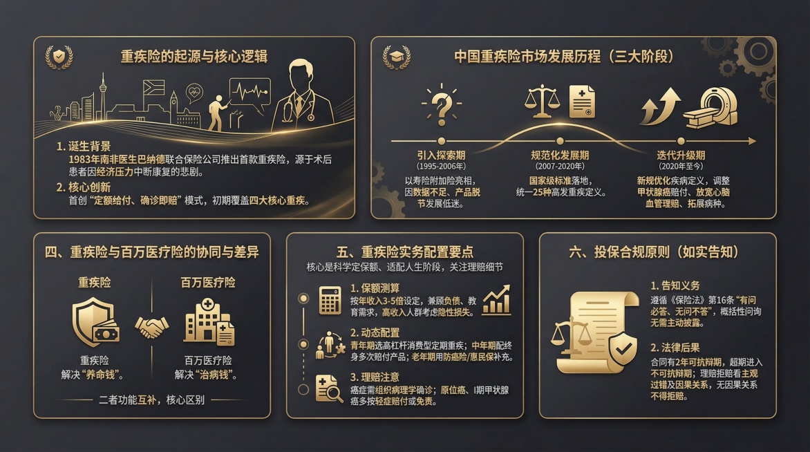 重疾险核心
【卡片整体适配】：简约高级商务风，主色调选用深灰+鎏金，贴合重疾险专业严谨属性，各板块精准搭配对应视觉元素（起源板块配南非医疗人文线条+医生剪影，凸显诞生背景；市场发展板块配时间轴矢量图，预览效果
