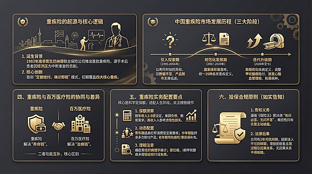 重疾险核心
【卡片整体适配】：简约高级商务风，主色调选用深灰+鎏金，贴合重疾险专业严谨属性，各板块精准搭配对应视觉元素（起源板块配南非医疗人文线条+医生剪影，凸显诞生背景；市场发展板块配时间轴矢量图，清晰呈现三大阶段迭代；差异对比板块配双栏图标，直观区分“养命钱”与“治病钱”；配置要点板块配清单示意图，明确测算、配置、理赔核心；合规板块配法律条文简约矢量图，强化严谨性），文字排版疏密有致，重点内容用鎏金高亮呼应色调，适配图文深度呼应的重疾险核心知识卡片呈现，兼顾高级感与可读性，保留以下所有文字内容，不需要有英文。
重疾险的起源与核心逻辑
1. 诞生背景：1983年南非医生巴纳德联合保险公司推出首款重疾险，源于术后患者因经济压力中断康复的悲剧。
2. 核心创新：首创“定额给付、确诊即赔”模式，初期覆盖四大核心重疾。
中国重疾险市场发展历程（三大阶段）
1. 引入探索期（1995-2006年）：以寿险附加险亮相，因数据不足、产品脱节发展低迷。
2. 规范化发展期（2007-2020年）：国家级标准落地，统一25种高发重疾定义。
3. 迭代升级期（2020年至今）：新规优化疾病定义，调整甲状腺癌赔付、放宽心脑血管理赔、拓展病种。
四、重疾险与百万医疗险的协同与差异
二者功能互补，核心区别：
1. 重疾险：解决“养命钱”。
2. 百万医疗险：解决“治病钱”。
五、重疾险实务配置要点
核心是科学定保额、适配人生阶段，关注理赔细节：
1. 保额测算：按年收入3-5倍设定，兼顾负债、教育需求，高收入人群考虑隐性损失。
2. 动态配置：青年期选高杠杆消费型定期重疾；中年期配终身多次赔付产品；老年期用防癌险/惠民保补充。
3. 理赔注意：癌症需组织病理学确诊；原位癌、I期甲状腺癌多按轻症赔付或免责。
六、投保合规原则（如实告知）
1. 告知义务：遵循《保险法》第16条“有问必答、无问不答”，概括性问询无需主动披露。
2. 法律后果：合同有2年可抗辩期，超期进入不可抗辩期；理赔拒赔看主观过错及因果关系，无因果关系不得拒赔。