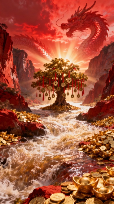 史诗般的场景，一条由无数金币和金元宝汇成的巨大河流，在红色的峡谷中奔腾流淌。天空中，祥龙的身影在红色的霞光中若隐若现，龙鳞反射出金光。一棵挂满红绳和铜钱的巨大发财树生长在河中央，光芒四射。画面壮观，充预览效果