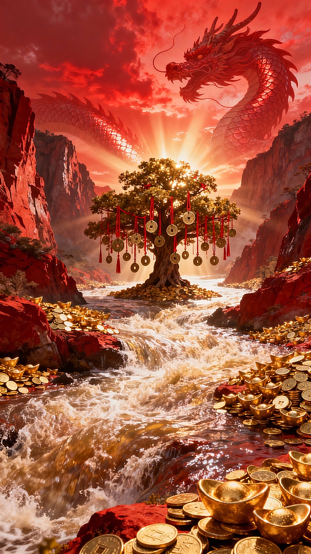 中式感与梦幻感交织，红龙盘旋于金光四溢的峡谷之上，古树挂满铜钱，溪流涌动黄金，光影交错间尽显奢华与神圣，3D插画风呈现虚拟现实般的视觉盛宴。
