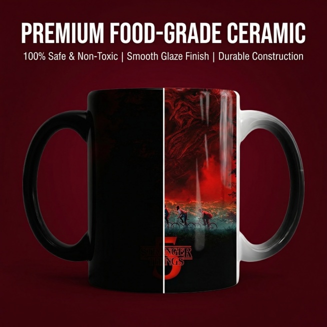 3. 详情图3：垫图输入图，产品保持原图外观不变，主题展示Premium Ceramic Material，深色暗红酒红背景，切片效果分区展示，产品居中放置，在画面中展示陶瓷杯的光滑陶瓷材质细节。文字预览效果