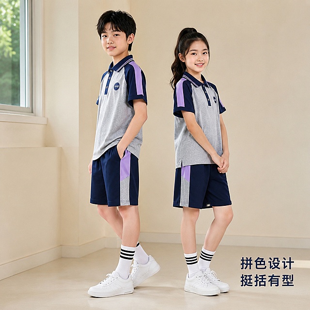 「图片1」「图片1」「图片1」「图片1」，生成主图（5张），适配拼多多平台，比例为1:1，小学生夏。季通用款校服，生成两个小学高年级学生模特合照，一男一女，合照。多方位多角度展示校服。袜子穿白色中唵袜加三条黑色条纹的，鞋子穿白色运动鞋