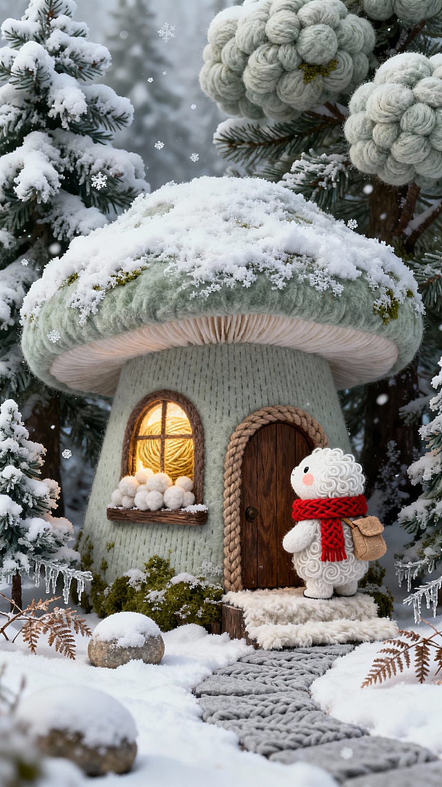 梦幻冬日童话屋，软3D毛绒质感，针织纹理与雪景交融，萌趣小熊戴红围巾伫立门前，温馨可爱，虚拟自然中的节日治愈场景。