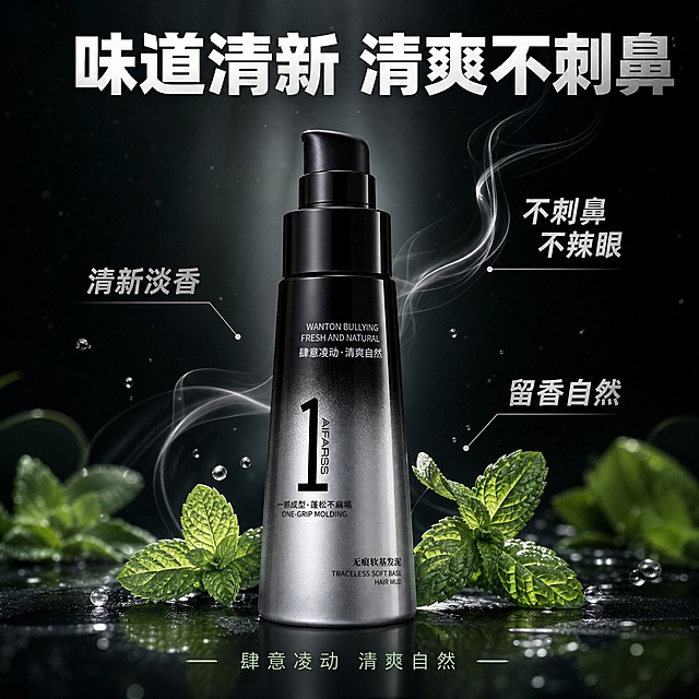 [主图-4] AiFARSS无痕软基发泥 味道清新 清爽自然。
[统一基调] 拼多多营销大气风格，黑银高级质感主色调，背景为深黑渐变带银色光束和细腻粒子，主标题白色粗体大字，辅助文案银灰色，强调色为亮银色金属光泽，字体为干净无衬线粗体，字号层级分明，整体硬朗有冲击力。
[画面] 产品瓶身位于画面中央，占比约50%，正面展示。瓶身周围环绕着清新的视觉元素：几片淡绿色薄荷叶、少量透明水珠、几缕轻盈的白色气流线条从瓶身向上飘散，象征清新气味。背景为深黑到墨绿的渐变，营造清新高级的氛围。底部有反光台面。
[光影质感] 商业摄影3D渲染质感，瓶身黑银渐变清晰，薄荷叶翠绿新鲜有水珠，气流线条轻盈透明，整体光影柔和但产品硬朗。
[配色] 主色深黑+墨绿点缀+银灰色，标题白色，辅助浅绿色文字表达清新感，整体不偏离黑银主调，绿色只作点缀。
[文字版式] 画面上方大标题"味道清新 清爽不刺鼻"，白色粗体大字居中。瓶身两侧用细线标注"清新淡香""不刺鼻 不辣眼""留香自然"三个嗅觉卖点，文字为银灰色。底部小字"肆意凌动 清爽自然"。
[输出要求] 1:1正方形，文字清晰，产品清晰不变形，无错字，无水印，无平台Logo，清新感表达自然不夸张。